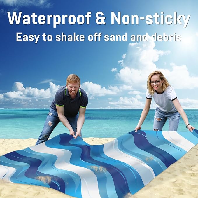 Waterproof Sandproof Beach Blanket 59''×68'' Ripple Polyester Outdoor Picnic Blanket with 4 Stakes &amp Storage Bag for BeachCampingVacation Blue