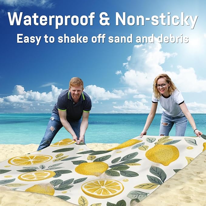 Waterproof Sandproof Beach Blanket 59''×68'' Lemon Drawing Polyester Outdoor Picnic Blanket with 4 Stakes &amp Storage Bag for BeachCampingVacation Fruit