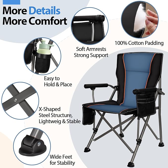 Heated Camping Chair with 20000 mAh Battery Loog-Lasting for 500 Mins Fully Padded Heated Camp Chairs Heavy Duty Folding Chairs Supports 500 lbs for Winter Camping Picnics Tailgating RV Travel