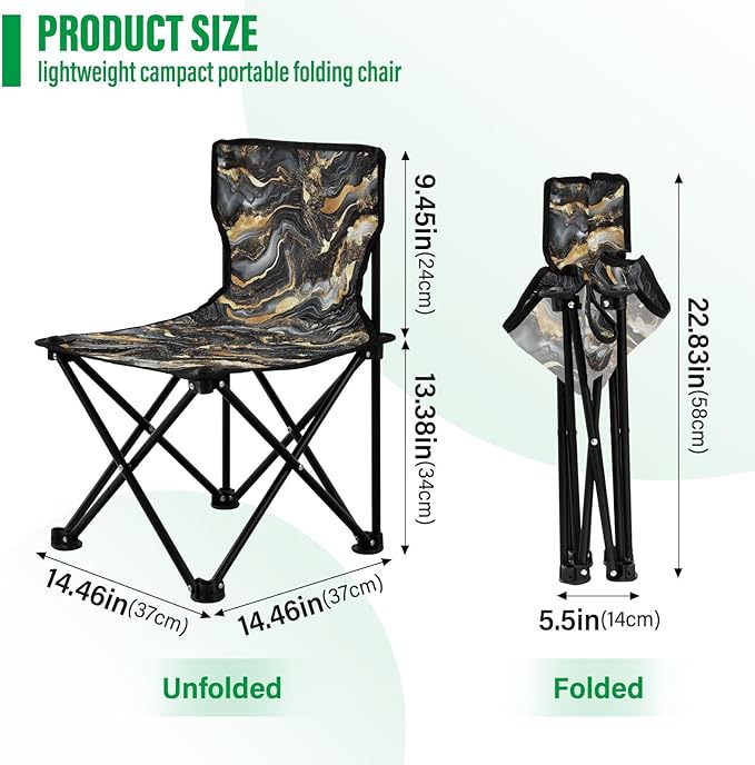 KLL Black Gold Marble Texture Compact Foldable Chair Lightweight Ultralight Camping Chair Carry Bag Included Outdoor Chairs for Hiking Outdoor