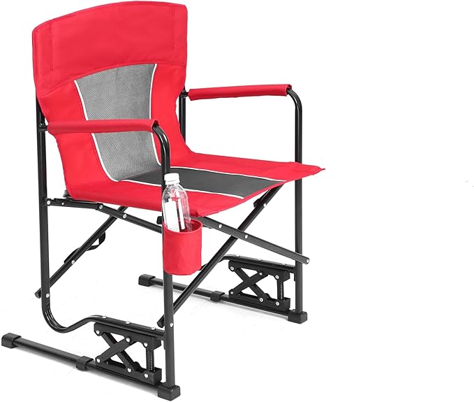 Outdoor Freestyle Rocker Camping Chair Portable Folding Rocking Chair with Solid Armrests Drink Holder Comfortable Backrest Red