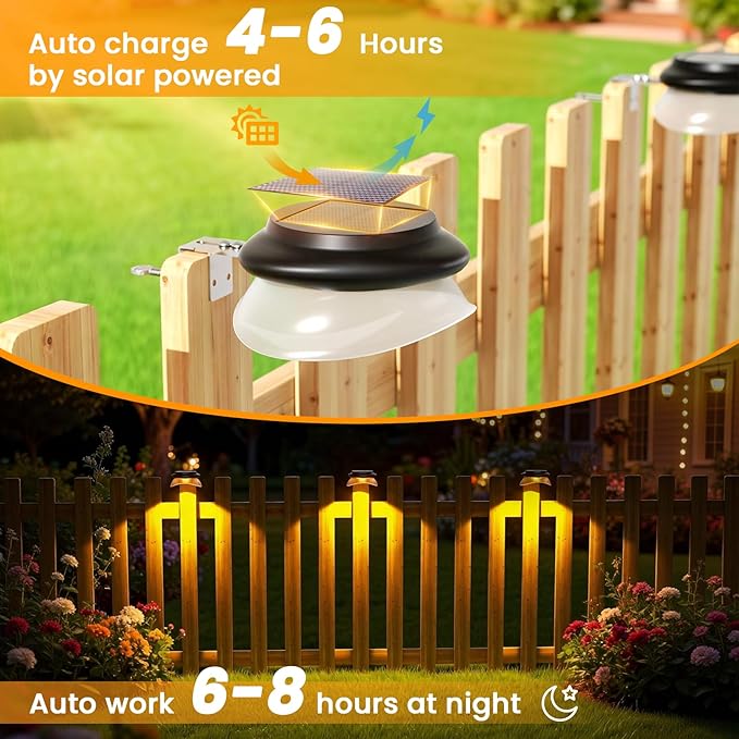 ROSHWEY Outdoor Fence Lights 6 Pack Solar Gutter Lights with 9 LED Waterproof for Eaves Garden Garage Porch Stairs Wall 2 Installations Methods Black Lampshade (Warm White)