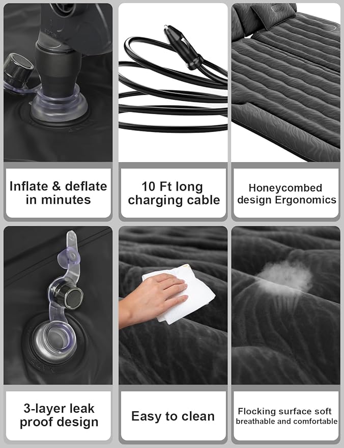 Umbrauto SUV Air Mattress for Trunk: Upgraded Car Camping Mattress with Flocked Surface and Extra Thick Bottom Van Sleeping Bed for Back Seat with Pump Nozzle Repair Patch Carry Bag