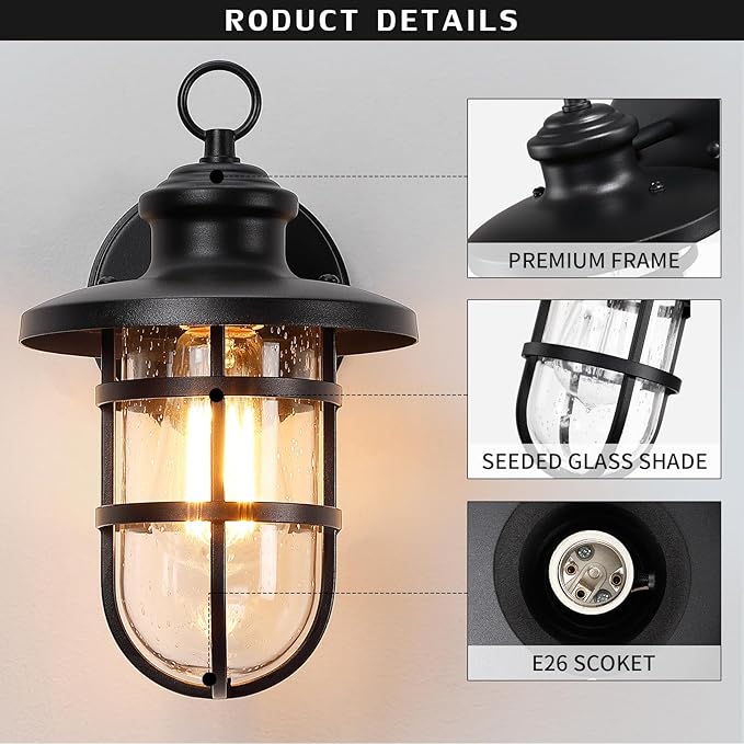 2 Pack Outdoor Wall Mount Outside Wall Sconce Lighting Fixture with Seeded Glass Sand Black Waterproof Exterior Light for Porch DoorwayHallway Garage YardPatio