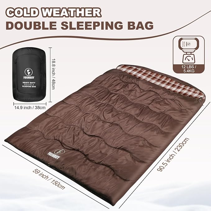 0 Degree Flannel Double Sleeping Bag for Adults Couples or Family - Winter Queen Size Waterproof &amp Warm 2-Person Sleeping Bag for Cold Weather Camping RV Travel