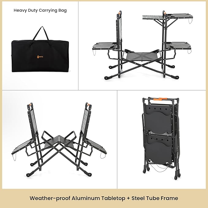 ARROWHEAD OUTDOOR 54 Wide Quick Folding Kitchen Station with Add-on Windscreen 4 Side Tables Aluminum Tabletop Tool-Hanging Cord 154 LBS Max Weight Load for Patio BBQ and Camping