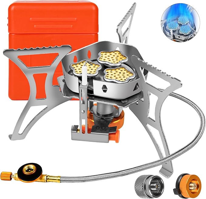 6800W Camping Backpacking Stove Outdoor Portable Burner Cooking Stove with Fuel Canister Adapter Piezo Ignition Carry Case Foldable Windproof Camping Gas Stove for Picnic Hiking
