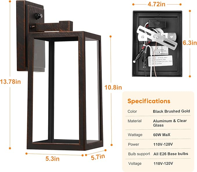 PARTPHONER Dusk to Dawn Porch Light Fixtures Black Brushed Gold Exterior Lighting Lamp Sensor Wall Lantern Waterproof Outdoor Wall Sconce for House Doorway Garage 2 Pack