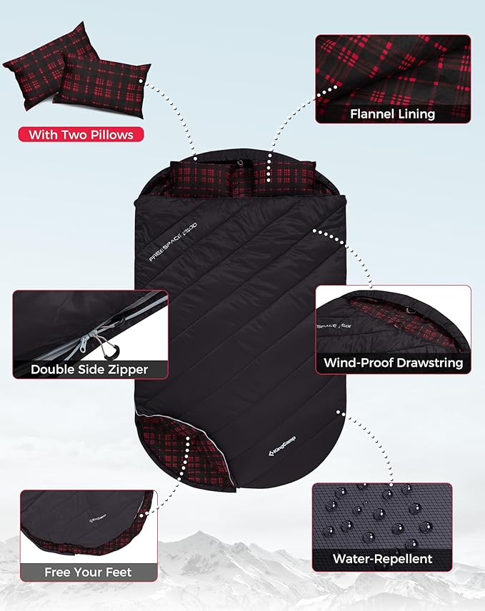 KingCamp Double Sleeping Bag for Adults Queen Size 2 Person XXL Flannel Sleeping Bag Waterproof Lightweight Flannel Quilt with 2 Pillows Perfect for Couples Family Camping Hiking