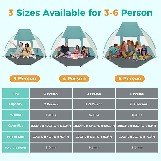 Gorich Portable Beach Tent for 3/4-5/6-7 Person with UPF 50+ UV Protection Lightweight &amp Foldable Sun Shelter with 5 Sand Bags Easy Setup Windproof Beach Umbrella Sun Shade