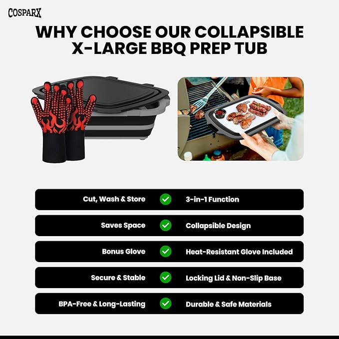 XL Collapsible BBQ Prep Tub with Cutting Board &amp Drain Plug – Portable Food Prep Station for Kitchen Camping &amp Grill – Dishwasher Safe Space-Saving Design – Heat-Resistant Glove Included (Bl