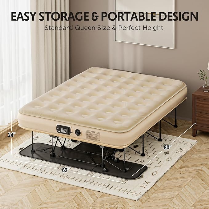Simpli Comfy Queen EZ Bed Self-Inflating Air Mattress with Built-in Frame Pump and Wheeled Case Blow Up Inflatable Rolling Air Bed on Wheels