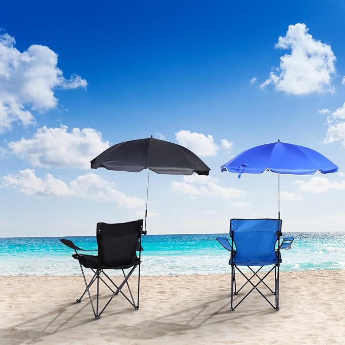 2 Pack Beach Umbrella Chair Folding Camping Beach Chair with Canopy Shade Adults Portable Chairs with Cup Holder and Carrying Bag for Camping Hiking Travel Picnic and Other Outdoor Events