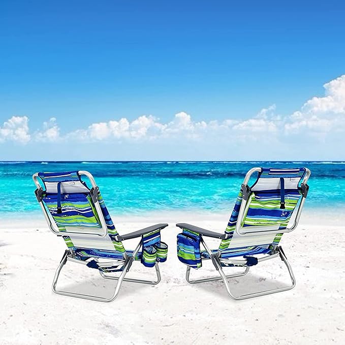 Goplus Beach Chair Folding Backpack Beach Chairs for Adults with 5 Positions Head Pillow Cooler Bag Towel Bar Cup Holders Sunbath Sling Tanning Lounge Foldable Layout Camping Chairs