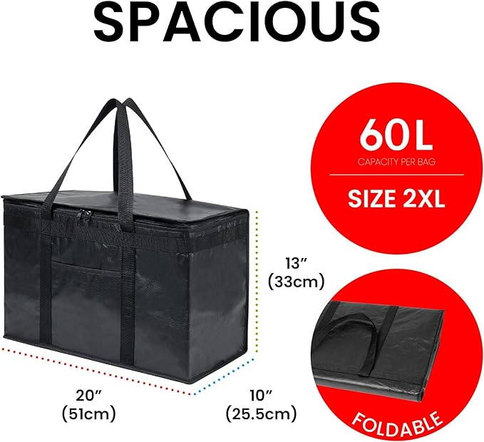 NZ home Insulated Bags for Food Delivery (2XL PRO) Grocery Shopping Cooler Bag Pizza Delivery Hot &amp Cold Catering Tote Reusable Foldable &amp Heavy Duty (2 Pack Black)