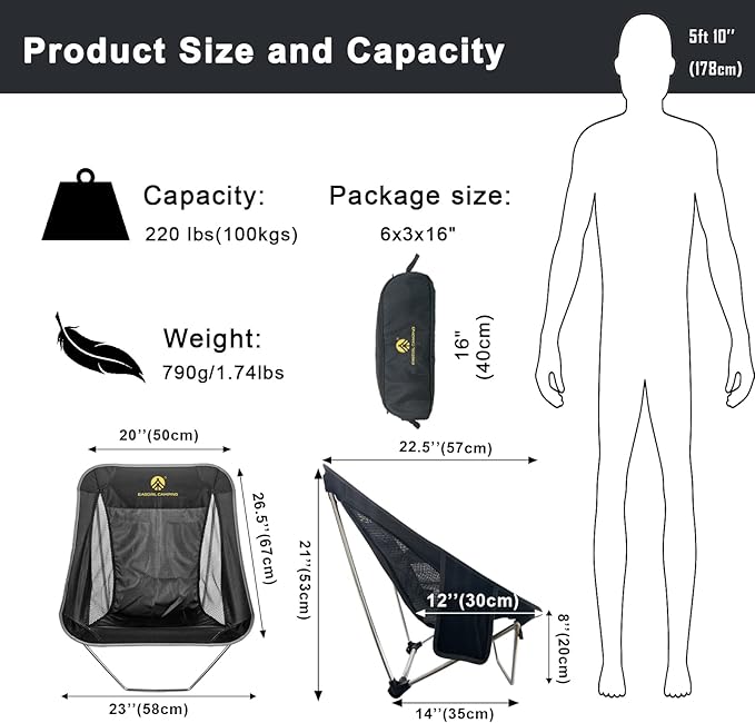 Ultralight Folding Camping Chair Low Lightweight Foldable Camp Chairs with Carry Bag for Hiking Backpacking Picnic Outdoor Concert Sports Events Beach
