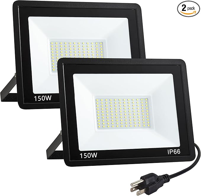 2 Pack 150W LED Flood Lights Outdoor IP66 Waterproof 15000 LM Super Bright Outdoor Security Lights Wired LED Work Light with Plug 6000K Daylight White Floodlights for GarageYardGardenPatio