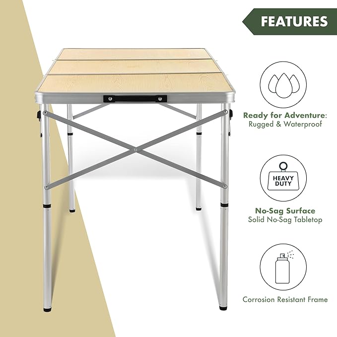 ARROWHEAD OUTDOOR 4’ ft Heavy-Duty Portable Aluminum Frame Folding Table w/Leveling Feet Solid Tabletop Surface 2 Adjustable Heights Carrying Case Included Lightweight USA-Based Support