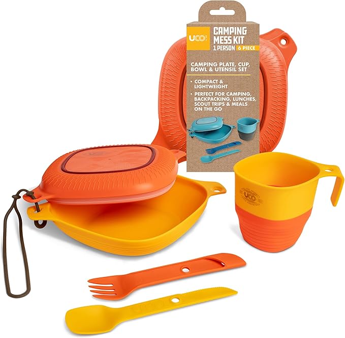 UCO 6-Piece Camping Mess Kit with Bowl Plate Collapsible Cup and Switch Camping Spork