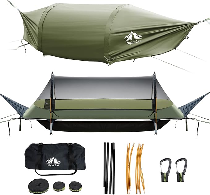 Night Cat Flat Lay Hammock Tent with Mosquito Net Waterproof Rainfly for 1 Person Backpacking Hiking Camping Lightweight 330LBS 87x28x19in