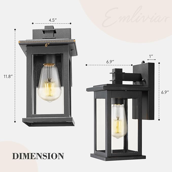 Emliviar 2 Pack Dusk to Dawn Outside Wall Mount Lighting 11.8 inch Exterior Light Fixture with Clear Glass Black Finish 1803EW1-PC-2PK BK