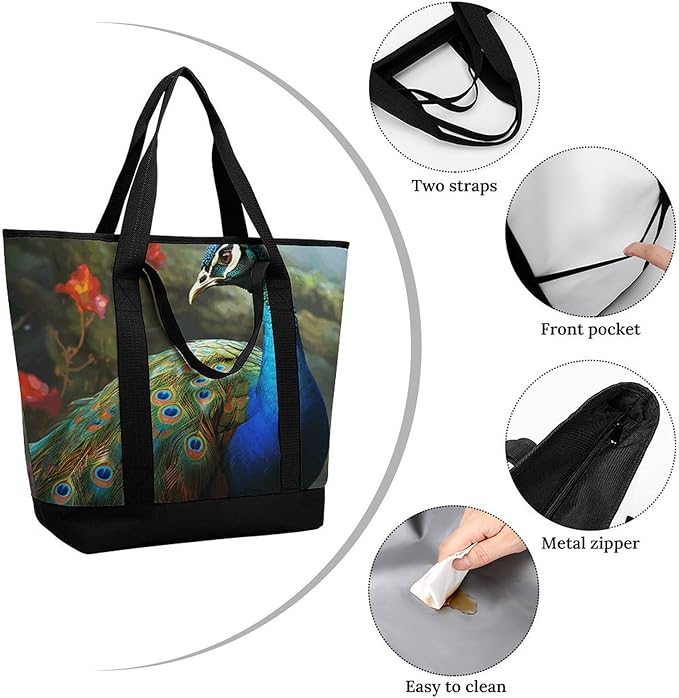 Insulated Shopping BagLarge Reusable Cooler Bags Colorful Peacock Printed Foldable Shopping BagTravel Waterproof Shoulder Bag