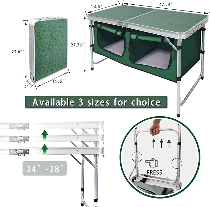 CampLand Outdoor Folding Table Aluminum Lightweight Height Adjustable with Storage Organizer for BBQ Party Camping