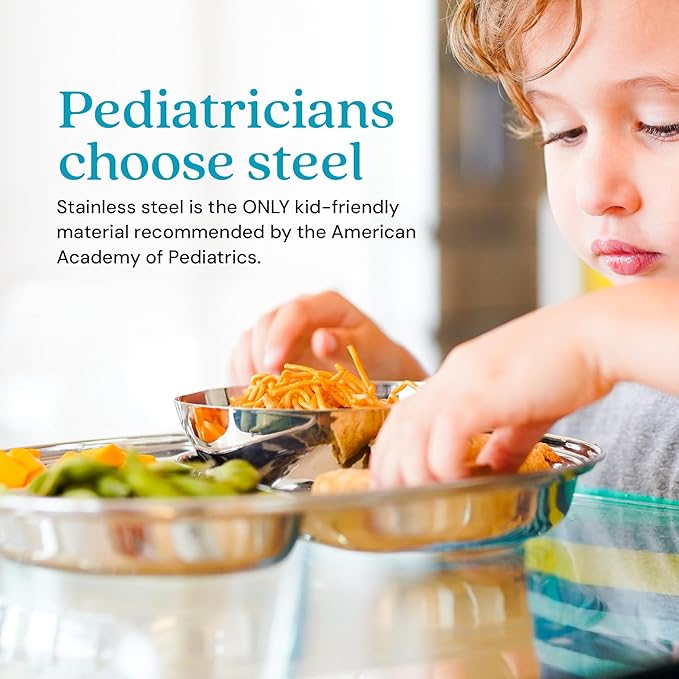 Ahimsa Stainless Steel Plates For Kids Pediatrician Designed Divided Plates for Toddlers &amp Baby Non Toxic Unbreakable &amp Dishwasher Safe Set of 4