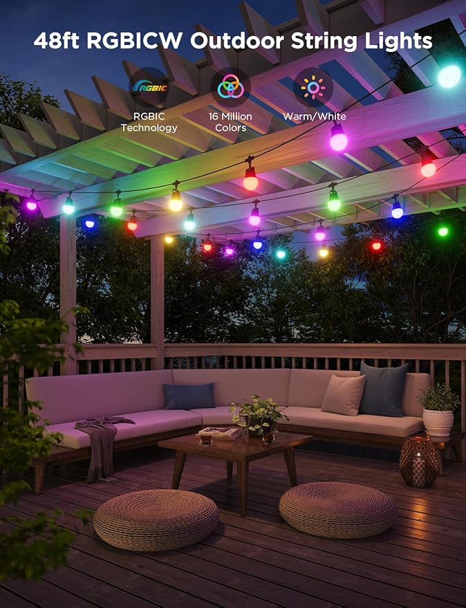 Govee Smart Outdoor String Lights 2 48ft Outdoor Lights with Dimmable Warm White LED Bulbs 47 Scene Modes for Patio Backyard Balcony IP65 Waterproof Works with Alexa App Control