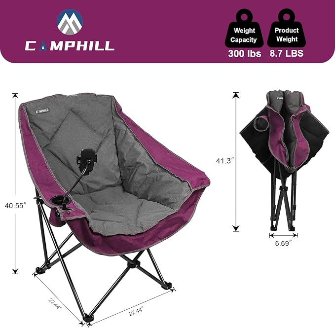 CAMPHILL Folding Camping ChairOversized Portable Camping Chair with Cup Holder and Phone HolderHeavy Duty Padded Lawn Chair for Camping Tailgates Beach and Sports