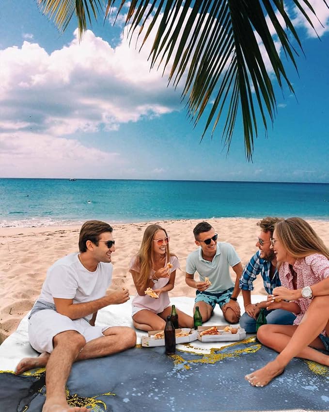 Beach Blanket Waterproof Sandproof Oversized Blue Marble Gold Foil Beach Mat with Corner Stakes Sand Pockets Grey Gradient Outdoor Picnic Mat for Travel Camping Hiking 83x79In