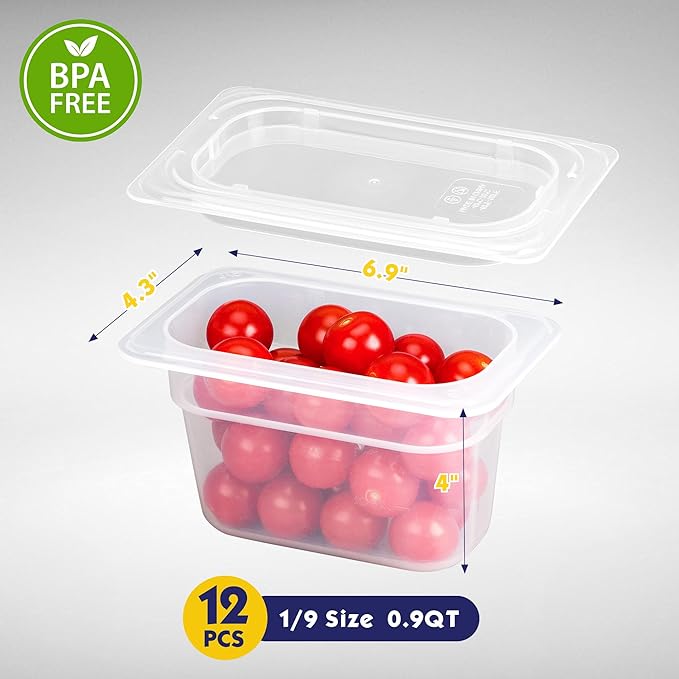 12 Pack 1/9 Size 4'' Deep Plastic Food Pans with Lids Translucent Commercial BPA-free Stackable Storage for Restaurants Buffets
