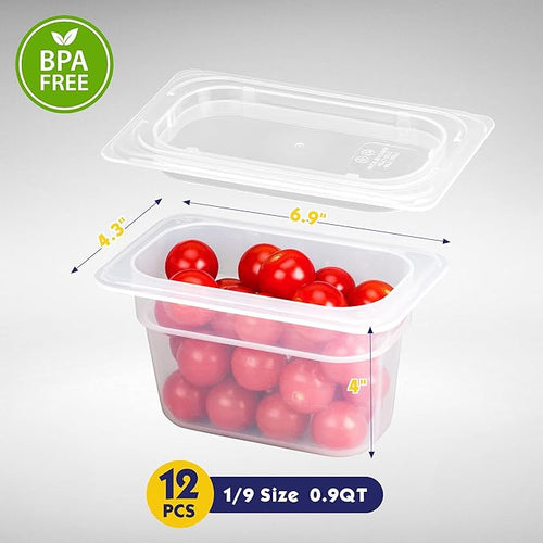 12 Pack 1/9 Size 4'' Deep Plastic Food Pans with Lids Translucent Commercial BPA-free Stackable Storage for Restaurants Buffets