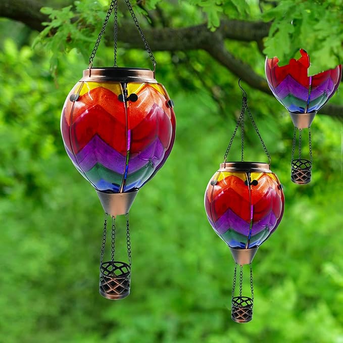 Glass Solar Hot Air Balloon Lantern with Flame Hanging Garden Flickering Light Outdoor Waterproof for Yard Patio Tree Mother's Day Gift Wavy-Colorful