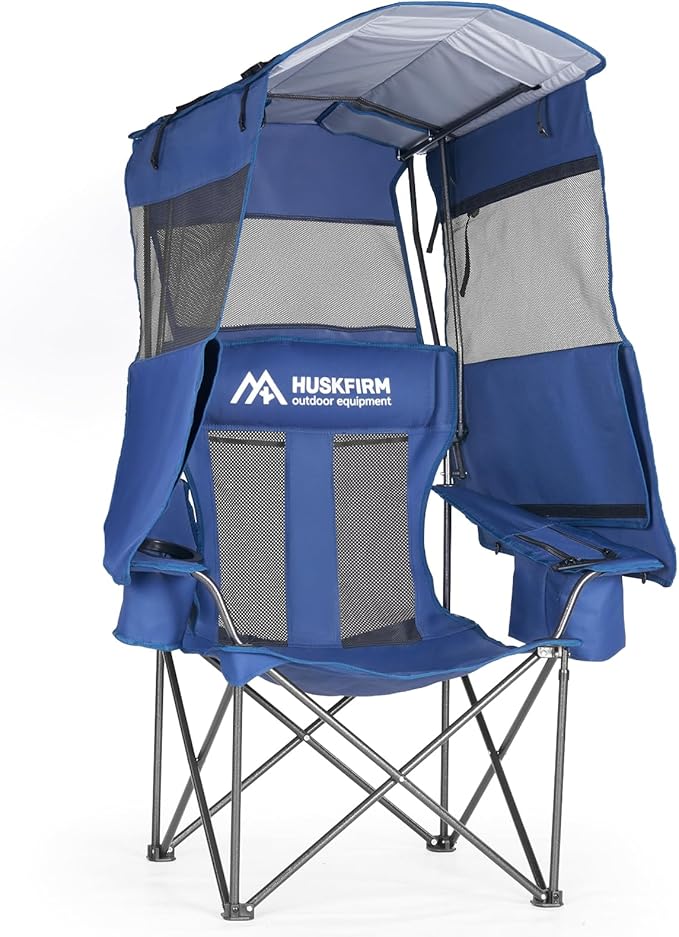 Camping Chair with Canopy Shade - Folding Beach Chair with UPF 50+ Sun Shade Cup Holder Side Pocket Portable Sports Chair for Adults Support 330 LBS Fishing Camp Outdoor Lawn Chair - Blue
