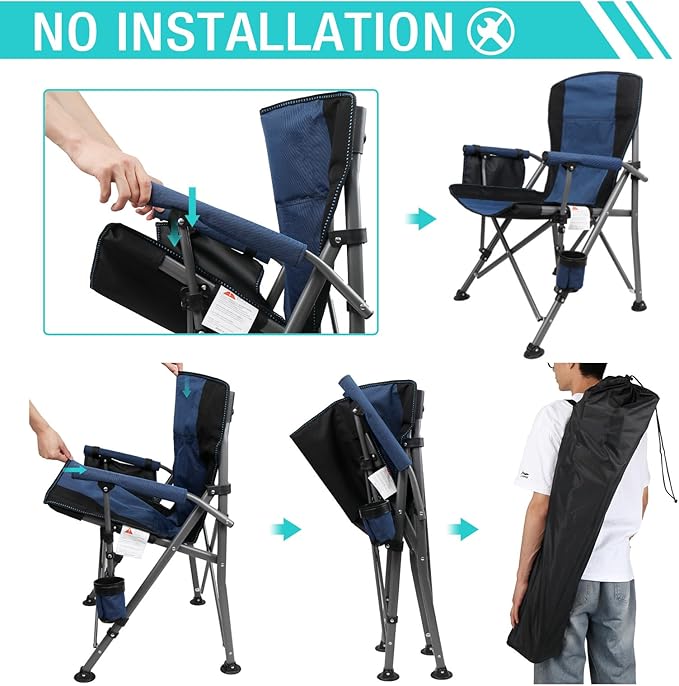 Camping Chair for Adults Heavy Duty Outdoor Patio Lawn Chairs Portable Support 350 LBS High Back Padded Oxford with Armrests Storage Bag Cup Holder for Outside Fishing Camping Foldable