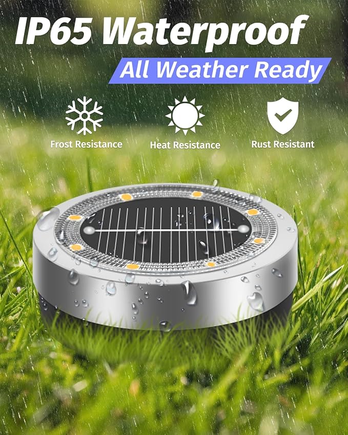 Mini Solar Ground Lights Outdoor 16 Pack Waterproof Upgraded Anti-Rust Solar Flat Garden Lights Stainless Steel Solor Powered Disc Landscape Light for Pathway Walkway Yard Lawn Patio-Warm White