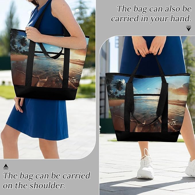 Insulated Shopping BagLarge Reusable Cooler Bags Beach Sunset Tranquil Printed Foldable Shopping BagTravel Waterproof Shoulder Bag