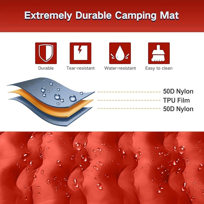 Double Sleeping Pad Camping Self Inflating 6'' Extra-Thick 2 Person Pillow Built-in Foot Pump Waterproof Inflatable Sleeping Mat Backpacking Tent Hiking Portable Camping Pad (Orange-Black)
