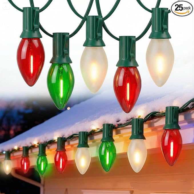 25FT Red Green White Christmas LightsMulticolor LED C7 Christmas String Lights with 27 LED BulbsDimmable Hanging Lights Candle for Outside Porch Garden Roofline Party Decor