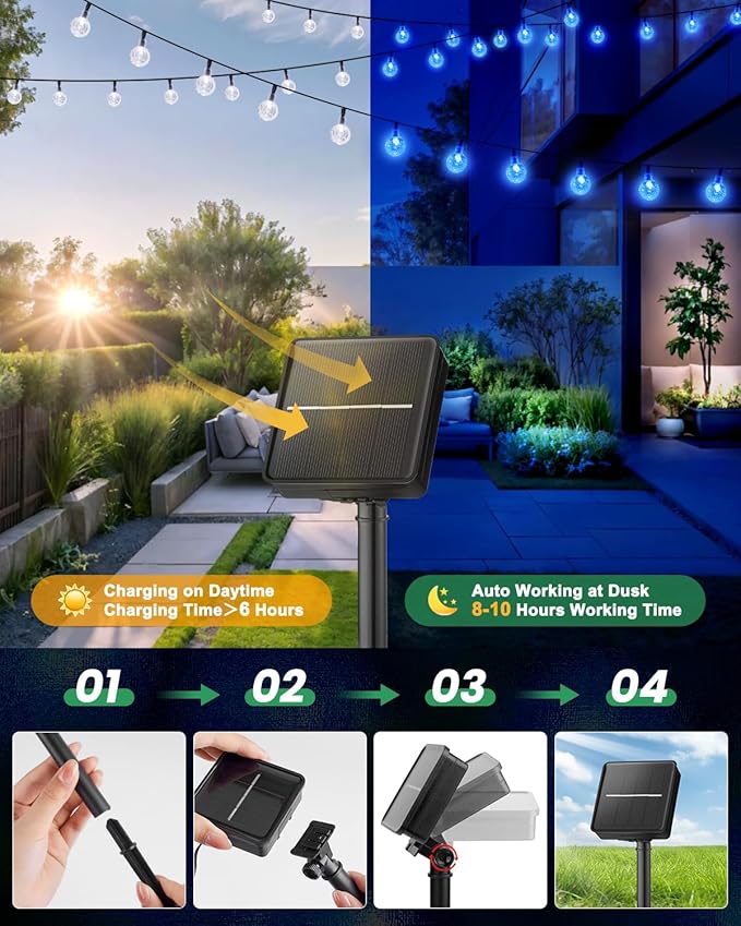 Solar String Lights Outdoor Waterproof 2 Pack 60 LED 36.5 FT Each 8 Lighting Modes Solar Powered Patio Lights for Garden Yard Porch Wedding Party Decor (Blue)