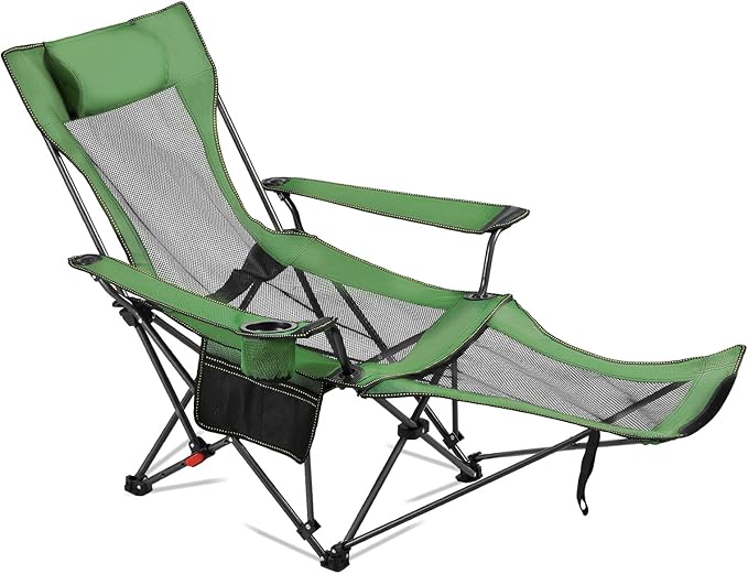 VEVOR Reclining Camping Chair 4 Adjustable Positions Portable Folding Lounger for Adults Mesh Beach Chair with Headrest &amp Foot Rest Supports 220 lbs Heavy Duty Camp Chairs for Patio Green