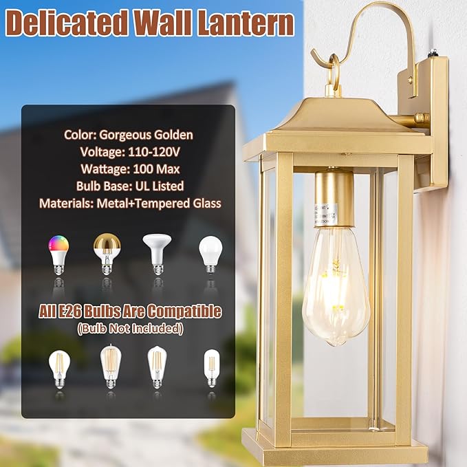 Large Gold Outdoor Sconces Dusk to Dawn 2-Pack 17 Inch Large Porch Light Photocell Brass Outdoor Light Fixtures IP65 Waterproof with Clear Glass Outside Wall Lanterns Wall Mounted Lamps