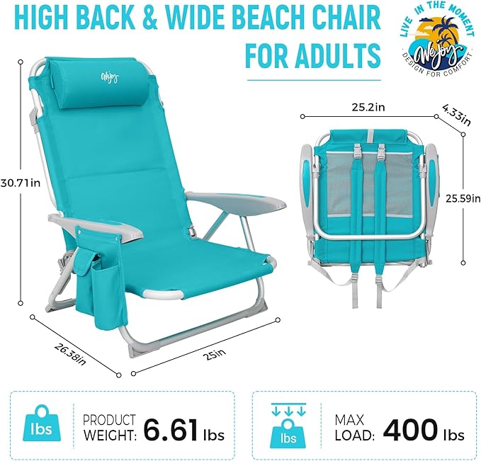 #WEJOY Beach Chair for Adults Reclining Adjustable Position Lay Flat Lightweight Folding Portable Aluminum Chair with Backpack StrapsPadded headrest Heavy Duty 400 lbs Lawn Chair for Beach Sand