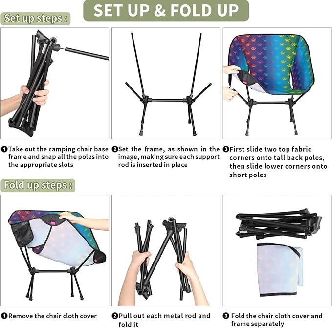 Honeybaby Folding Camping Chair Rainbow Paw Print Camping Chairs Lightweight Portable Chair Outdoor Foldable Chairs for Camping Travel Picnic Beach Hiking