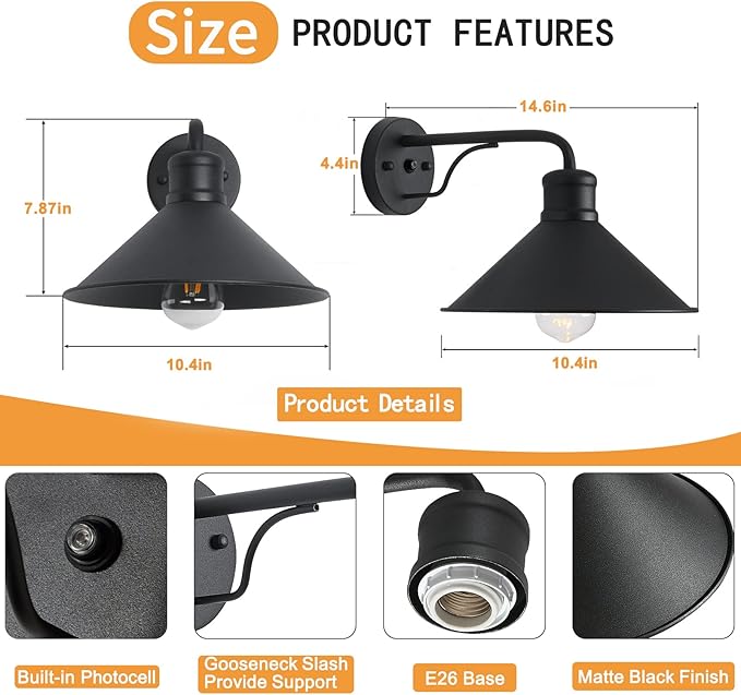 Dusk to Dawn Sensor Wall Sconce Outdoor Lighting Fixture Industrial Outdoor Barn Light Matte Black Exterior Wall Sconce for PatioDoorwayPorchEntrywayGarage 1 Pack