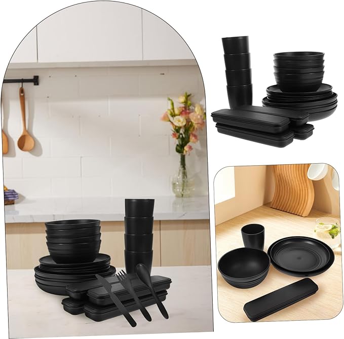 Alipis 28-Piece Black Dinnerware Set Portable Camping Cutlery with Bowls Plates Cups and Utensils Travel Tableware for Picnics and Outdoor Use