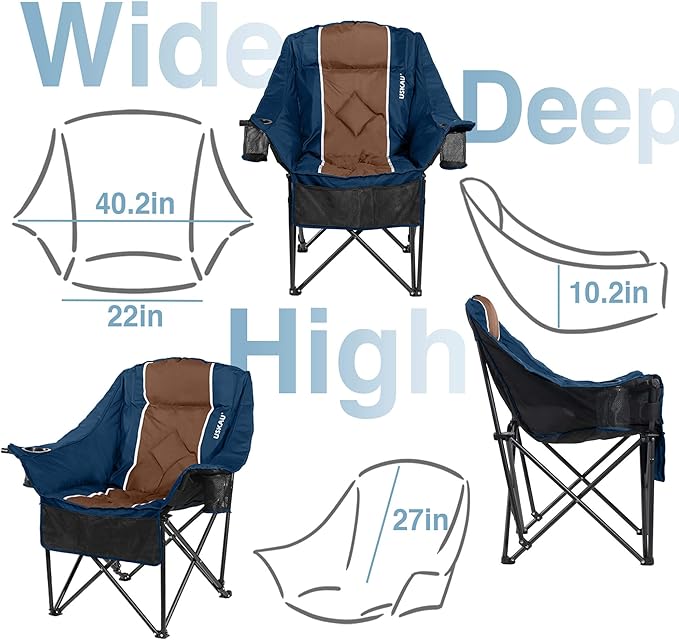Oversized Camping Chair for Adults - Heavy Duty 400 lbs Padded Folding Chair with Wine Glass Holder 2 Cup Holders &amp Side Pockets Portable Carry Bag for RV Tailgating Lawn