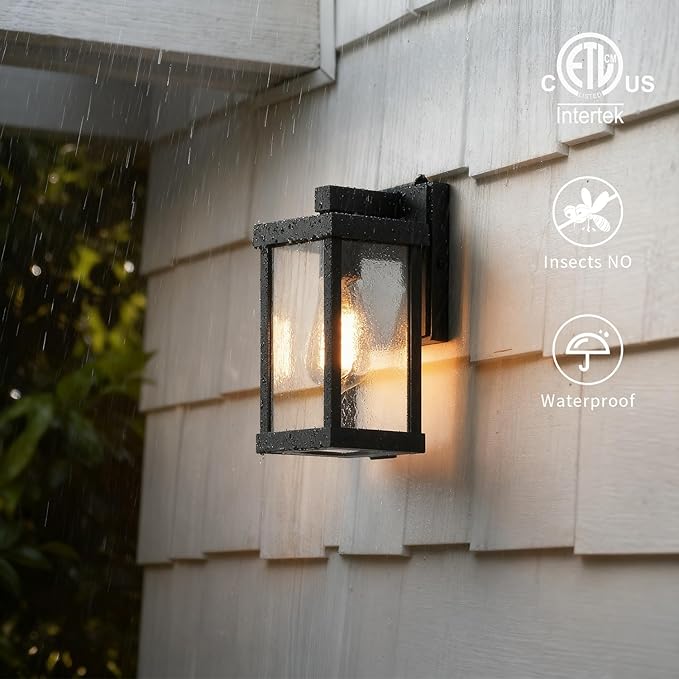 mirrea 11 Dusk to Dawn Classic Outdoor Wall Sconce 1 Light in Matte Black Rectangular Metal Frame and Clear Glass Shade Waterproof Porch Light Patio Light Pack of 2