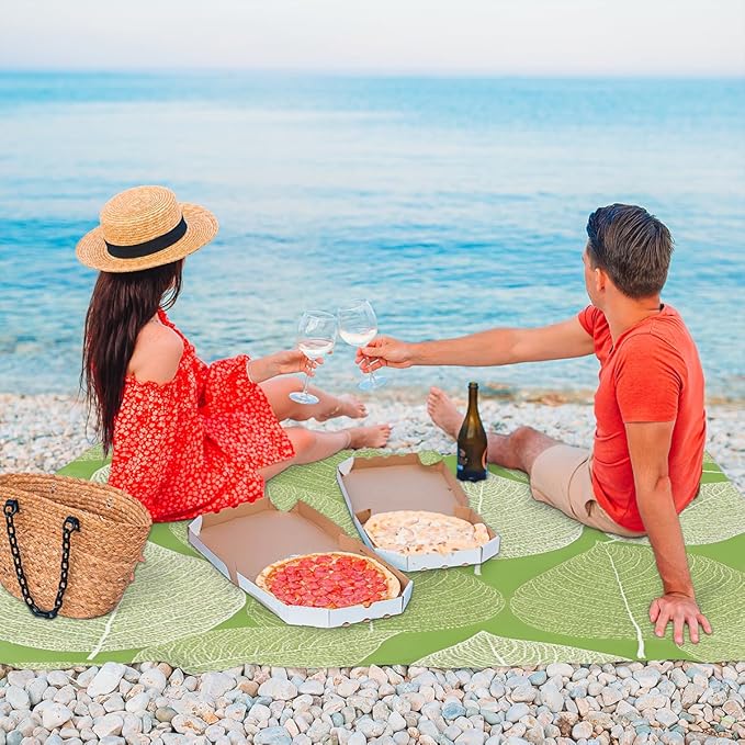 Waterproof Sandproof Beach Blanket 59''×68'' Acacia Leaves Polyester Outdoor Picnic Blanket with 4 Stakes &amp Storage Bag for BeachCampingVacation Green